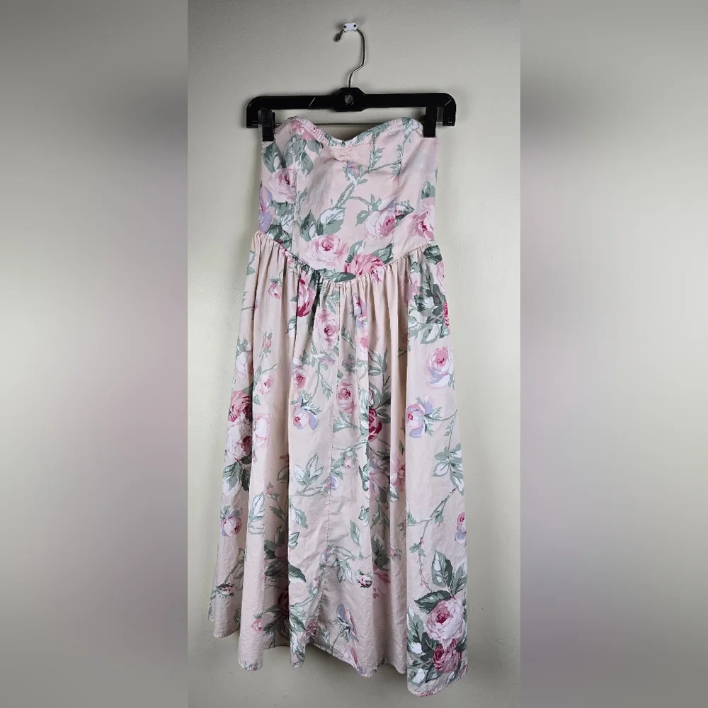 Vintage Urban Outfitters Strapless Floral Midi Dress - Pink and White Size S - Picture 3 of 7